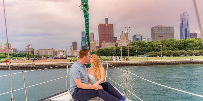 AJ and Tyler's Romantic Sailboat Engagement Session on Lake Michigan