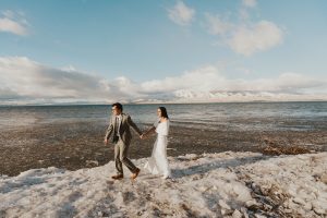Winter Wonderland Elopement Styled Shoot on a Frozen Lake's Ice Stacks