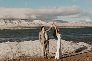 Winter Wonderland Elopement Styled Shoot on a Frozen Lake's Ice Stacks