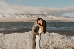 Winter Wonderland Elopement Styled Shoot on a Frozen Lake's Ice Stacks
