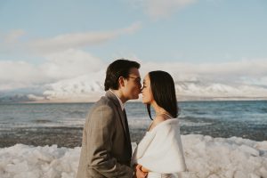 Winter Wonderland Elopement Styled Shoot on a Frozen Lake's Ice Stacks