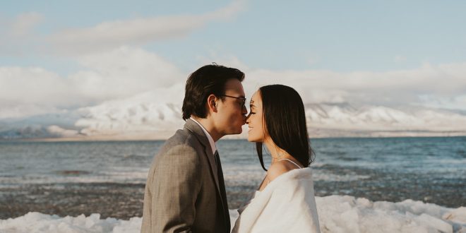 Winter Wonderland Elopement Styled Shoot on a Frozen Lake's Ice Stacks